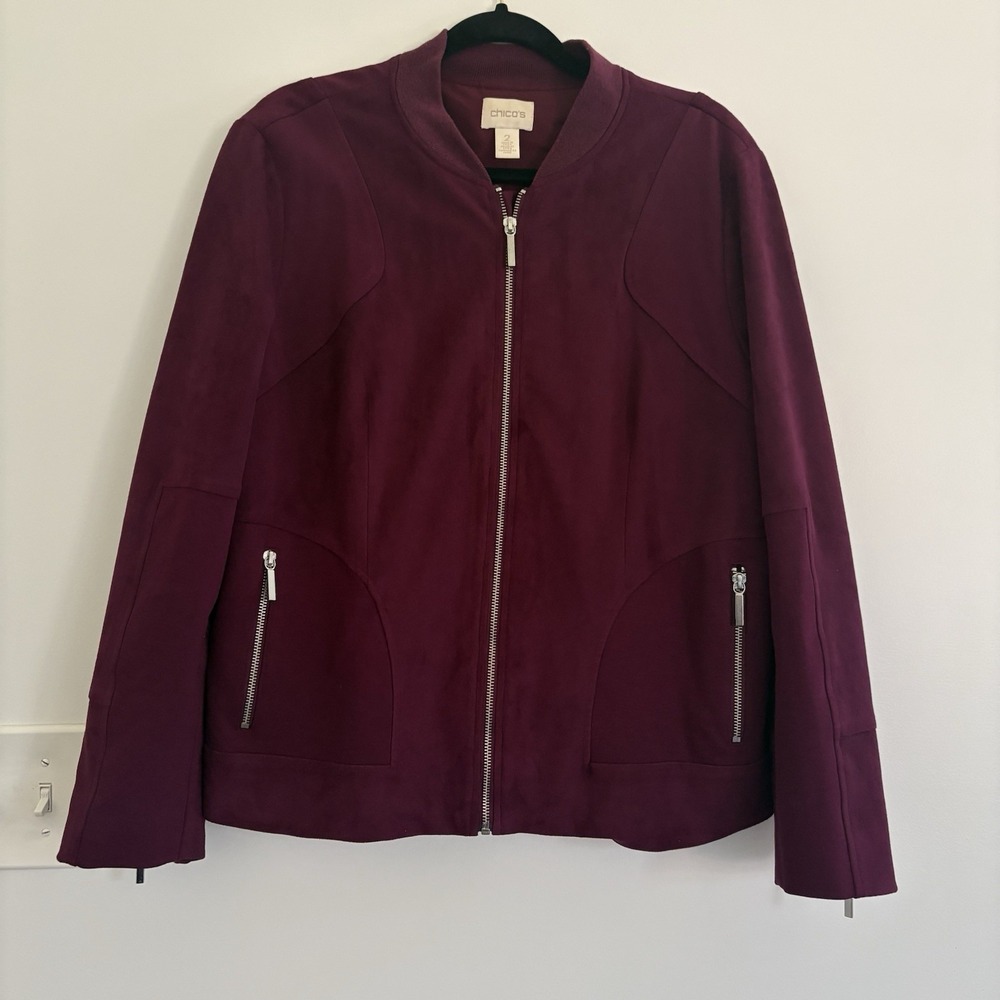 Chico's Women'sFaux Suede Plum Moto Bomber Super Soft Zip-Up Jacket Size 2/L/12